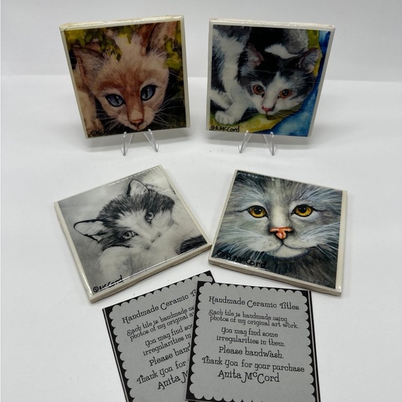 Anita McCord Cat Hand Painted Ceramic Coaster Tiles - Picture 2 of 8